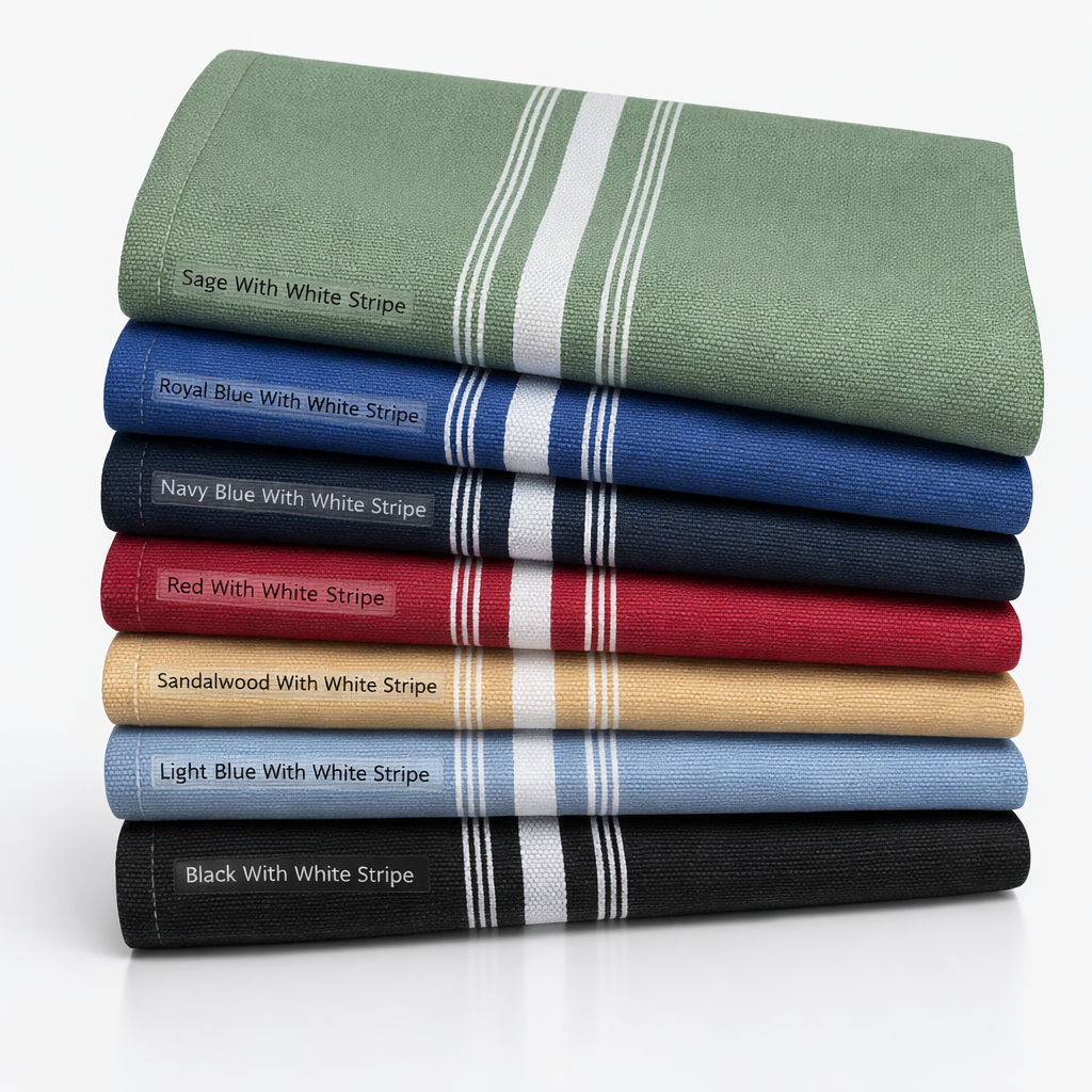 A neatly stacked set of seven PREMIER BISTRO TABLE LINEN by 1Concier in striped sage, royal blue, navy, red, sandalwood, light blue, and black—labeled for easy ID—ideal as restaurant napkins or commercial table linens.
