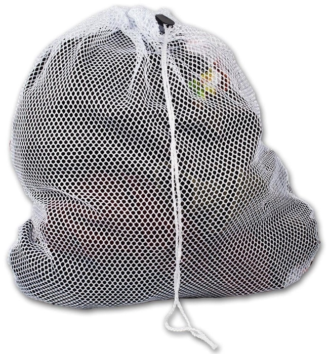 A Bulk Linen Supply Industrial Mesh Open Top bag, white and made of polyester mesh, is filled with dark-colored objects and placed against a plain white background.