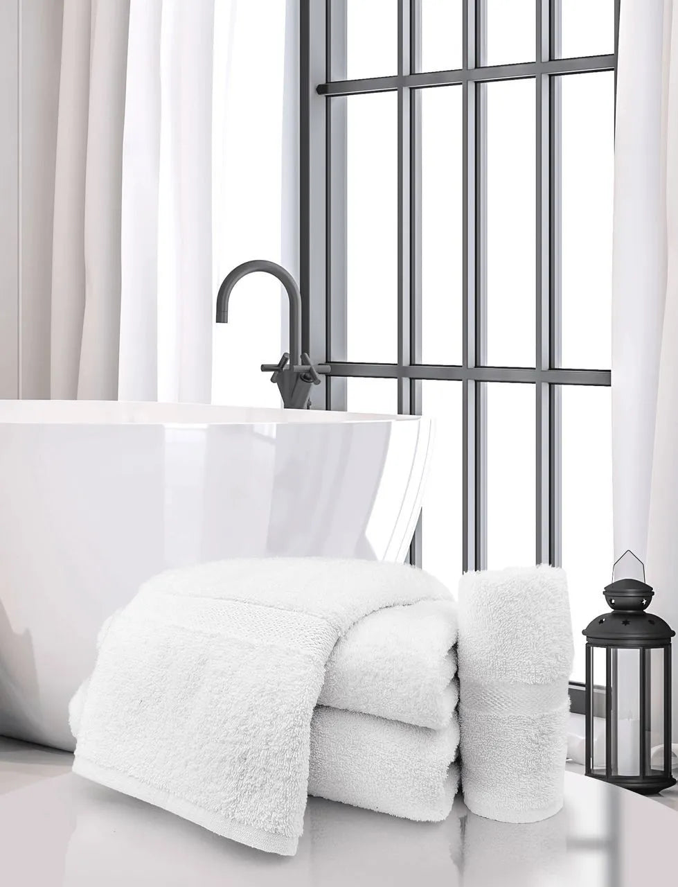 A modern bathroom showcases a white freestanding bathtub, Ganesh Mills Bath Sheet / Pool Towel - White Oxford Regale Towel, a rolled towel, a black lantern, large windows, and white curtains for a bright and serene vibe.