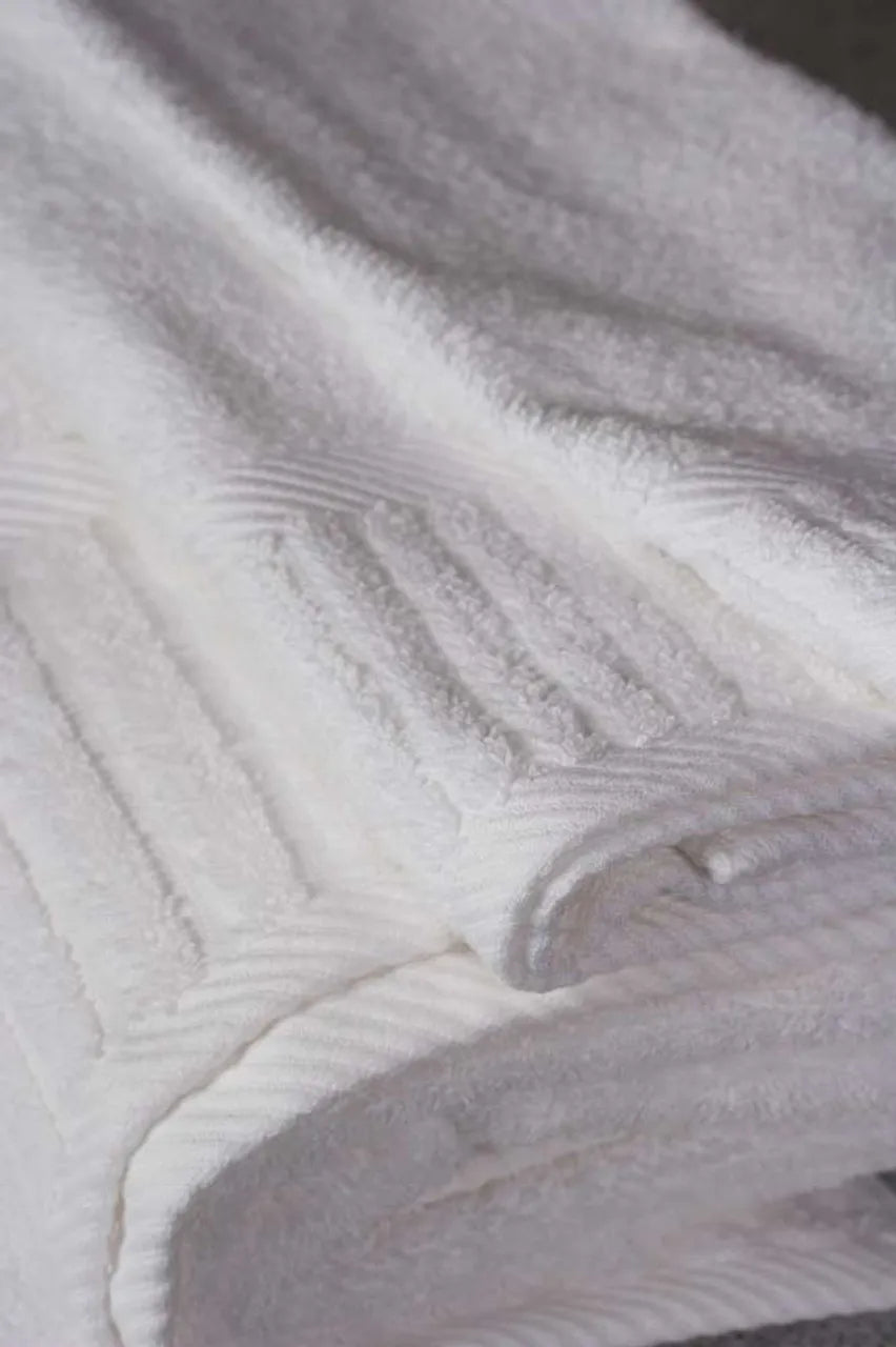 A close-up of the Ganesh Mills Bath Towel - White Oxford Signature Towel displays its soft, ribbed ringspun cotton texture and clean, luxury hotel look.