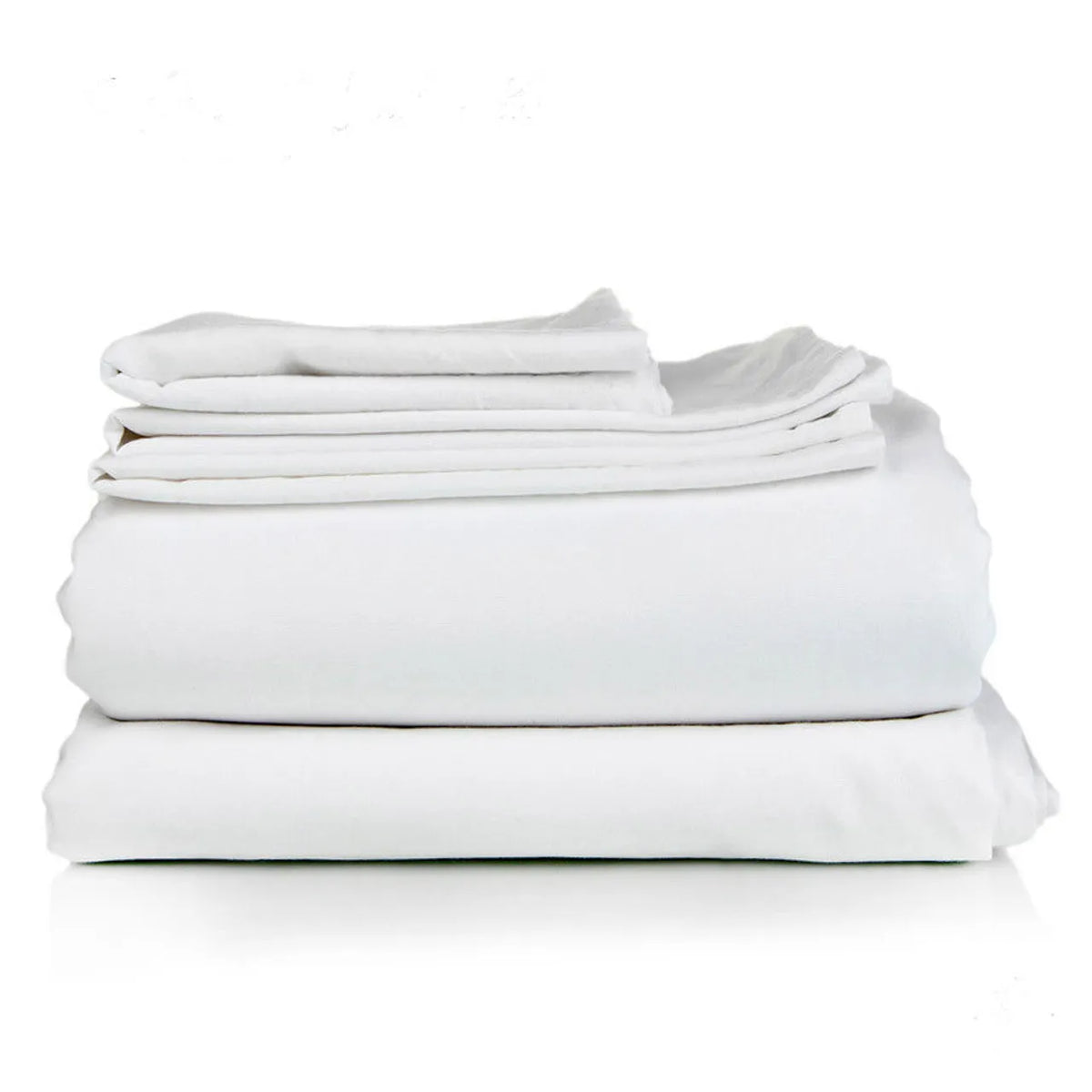 A neatly folded stack of Ganesh Mills Oxford Super T300 Bed Linen fitted sheets and pillowcases rests on a plain white background.