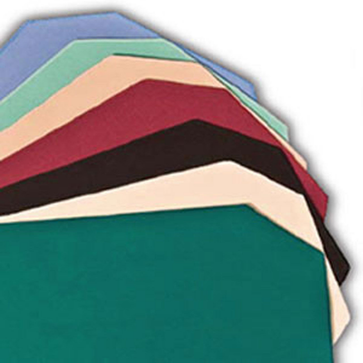 A fanned stack of Ganesh Mills Placemats - Rectangular Octagon in green, black, red, beige, blue, and white—perfect for custom polyester placemats or bulk orders.