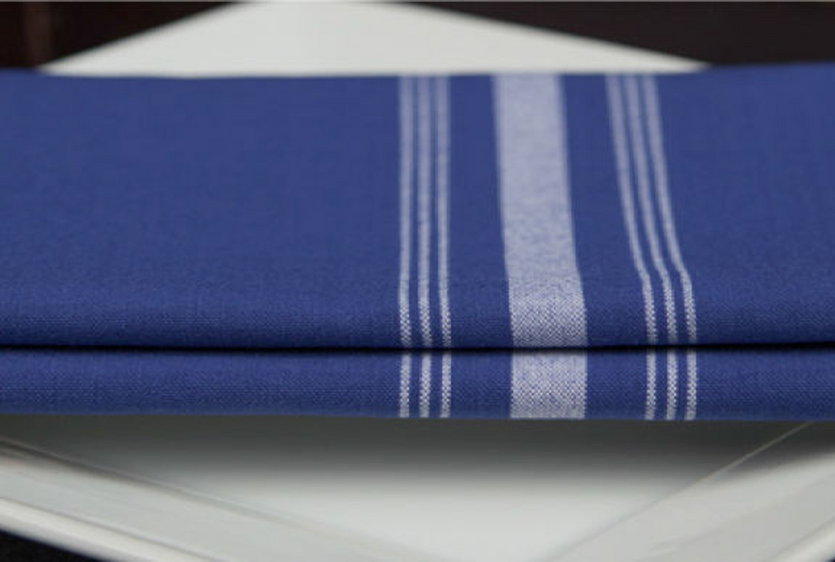 A neatly folded blue Premier Bistro Napkin by 1Concier with white stripes rests atop a white square plate.