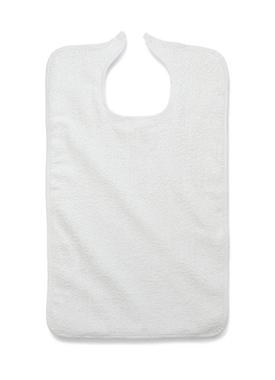 The Intralin Premium Adult Terry Bib features a large, rectangular white design with rounded corners and a neck opening at the top, ideal for everyday garment protection. Displayed against a plain white background.