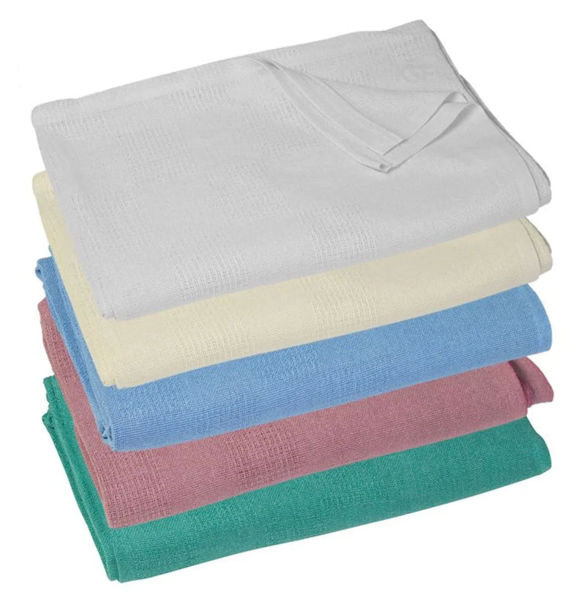 A stack of five KSE Snag Free Thermal Blankets in white, cream, blue, pink, and green with a waffle texture neatly folded on top of each other against a white background.