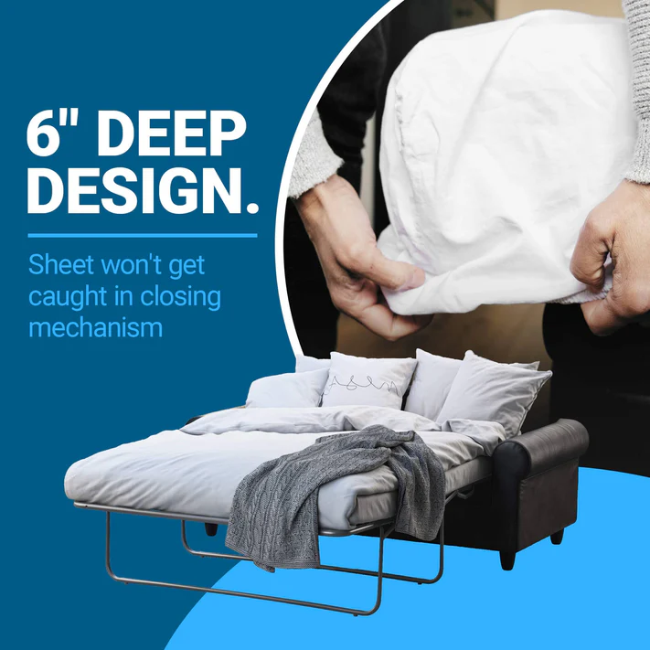 The Bargoose Sleeper Sofa Sheets T-360 100% Cotton are shown on an open sofa bed with hotel-quality sheets and white pillows. Overlay text reads 6 Deep Design. A close-up shows hands fitting the sheets, which won’t get caught in the closing mechanism.
