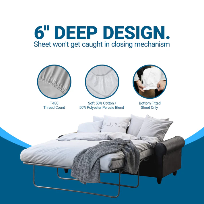 The Bargoose Sleeper Sofa Sheets T-360 100% Cotton set includes a fitted sheet and blanket with a 6 deep design, preventing sheets from catching in the closing mechanism. Insets display hotel-quality cotton material and secure fit.