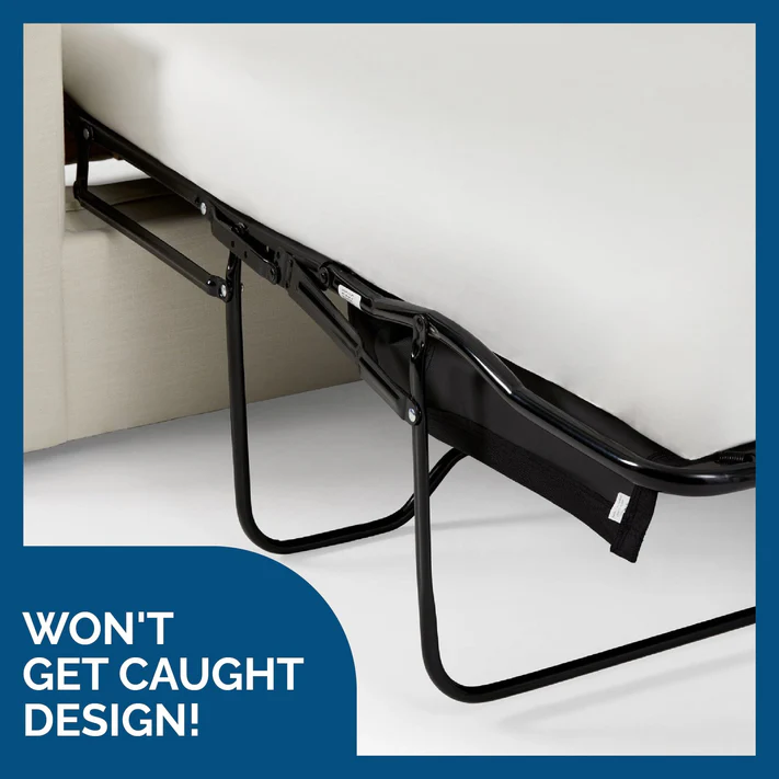 Close-up of a metal bed frame leg and support mechanism under a sofa bed, with WONT GET CAUGHT DESIGN! in a blue corner banner—ideal for pairing with Bargoose Sleeper Sofa Sheets T-360 100% Cotton.