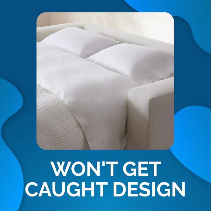 A neatly made bed with Bargoose Sleeper Sofa Sheets T-360 100% Cotton and white pillows, the comforter tucked under the couch arms, shown above WONT GET CAUGHT DESIGN on a blue abstract background.
