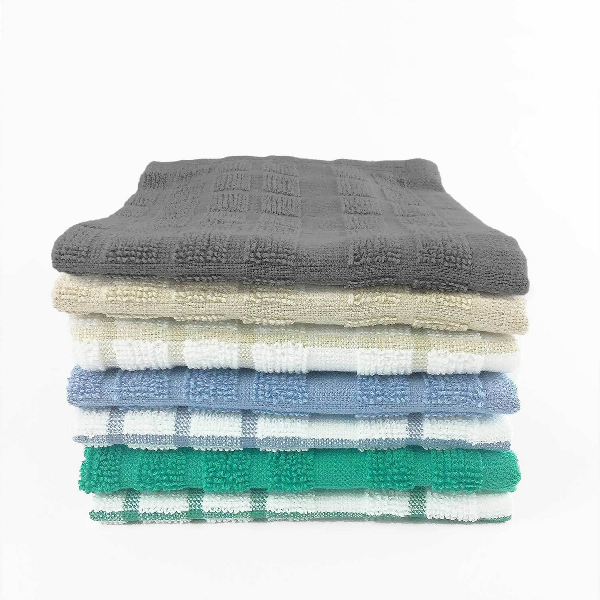 A stack of five WestPoint Home Martex Kitchen Collection Windowpane towels in dark gray, beige, white, blue, and green, crafted from bleach-friendly ring spun cotton, is neatly arranged on a white background.