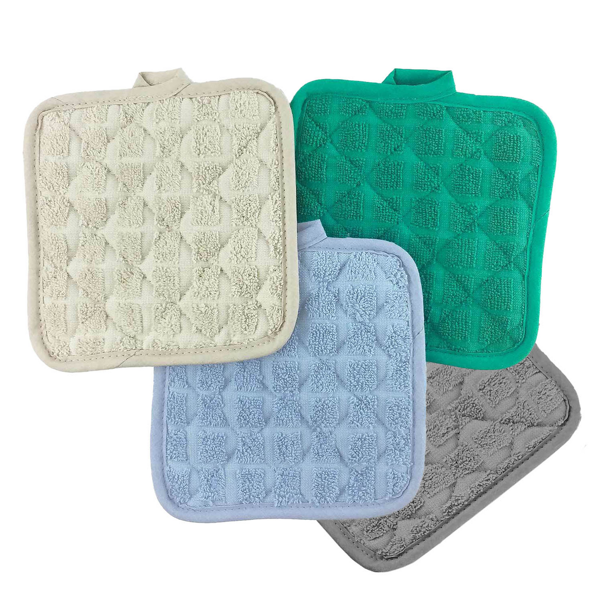 Four square pot holders from the Martex Kitchen Collection in cream, green, light blue, and gray pair perfectly with WestPoint Home’s Kitchen Towel - Windowpane for a coordinated kitchen look.