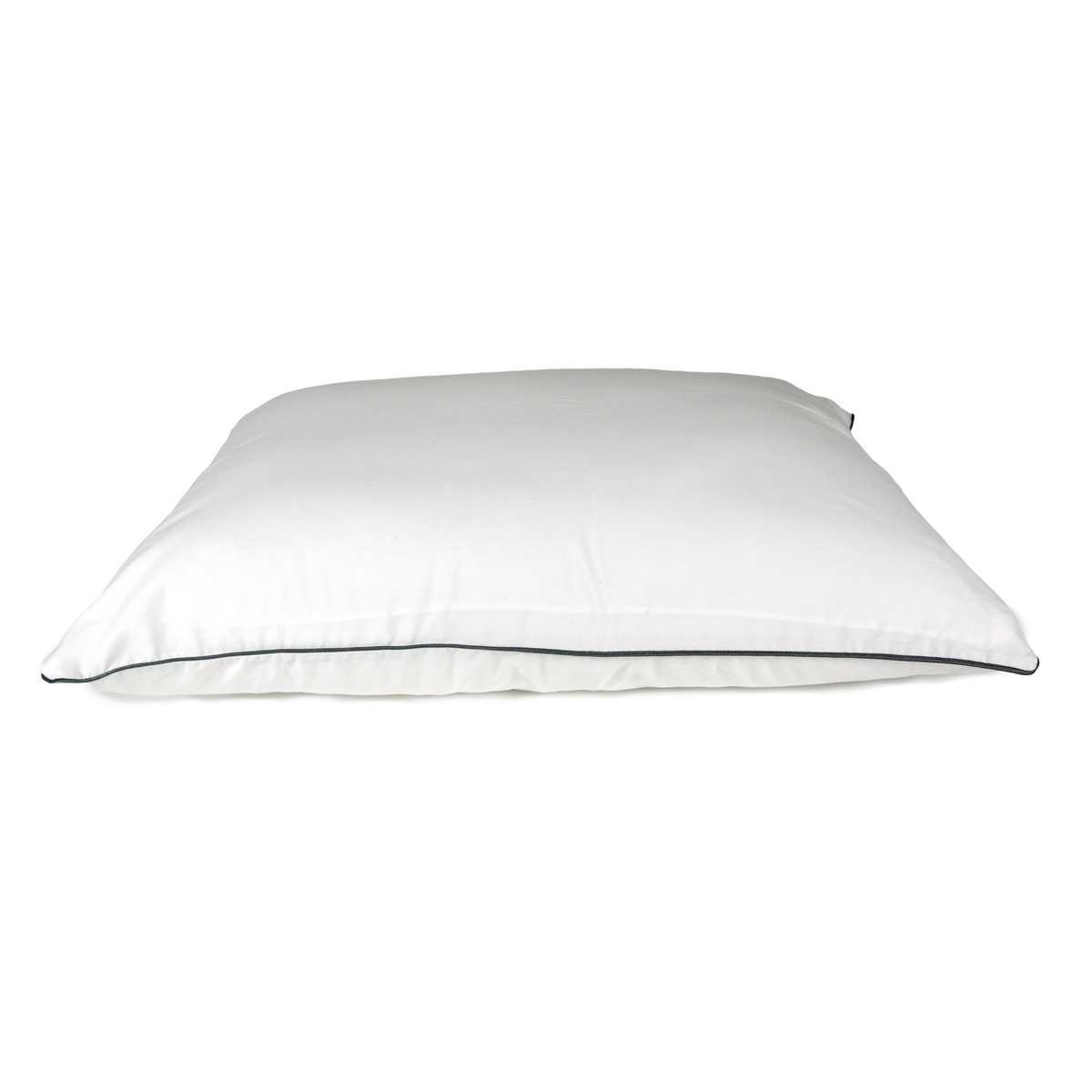 The Five Star Hotel Collection pillow by WestPoint Home is featured against a white background. This plain white EcoPure fiberfill pillow has black piping along the edges and appears soft and slightly flattened.