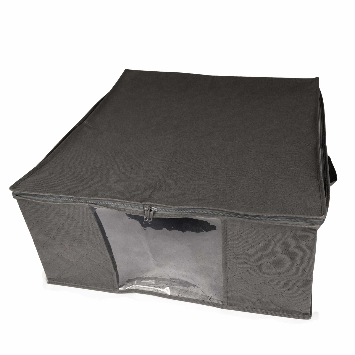 The WestPoint Home Martex Basics Closet Storage Bag is a large, rectangular, dark gray non-woven bag with a zippered lid and a clear front window displaying the stored item inside.