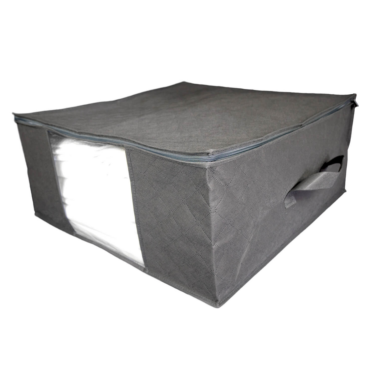 The Martex Basics - Closet Storage Bag by WestPoint Home is a gray non-woven bag with a zipper and handle, shown partially unzipped to reveal folded white linens inside.