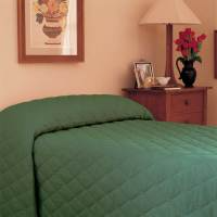 A neatly made bed with a green WestPoint Home Bedspread - Martex Mainspreads - Solid sits by a wooden nightstand holding a lamp, red flowers, framed photos, and a bowl; a floral picture hangs on the beige wall above.