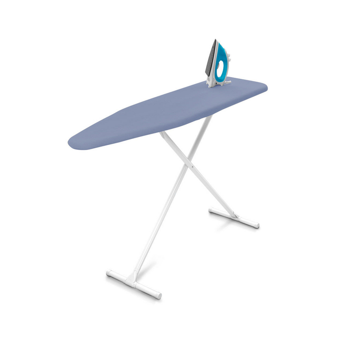 The Ganesh Mills Ironing Board stands unfolded, featuring white legs and a blue top with a matching electric iron resting on it, all set against a plain white background.