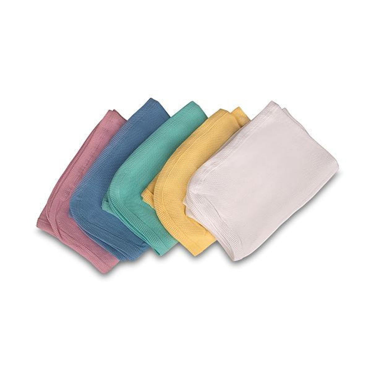 Five KSE Baby Thermal Blankets in pink, blue, green, yellow, and white are arranged in a fan shape on a plain white background, highlighting their soft texture and cozy flannel-like appearance.