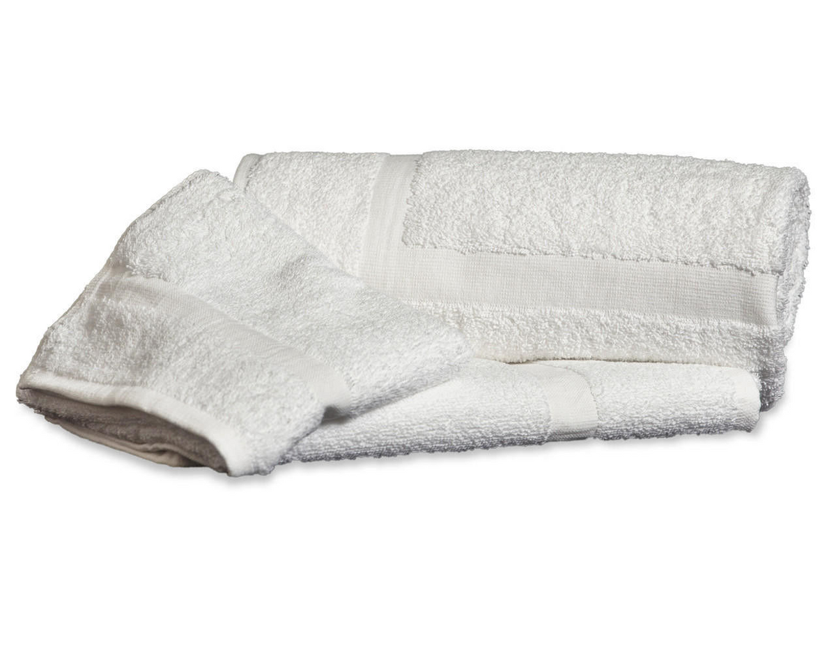 Two neatly folded Thomaston Cam Towels by Thomaston Mills, featuring a textured pattern and smooth border, crafted from durable cotton, are displayed on a white background.