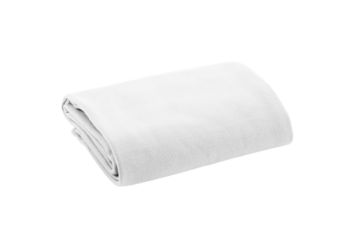 A neatly folded KSE Fleece Blanket in plain white is displayed on a white background.