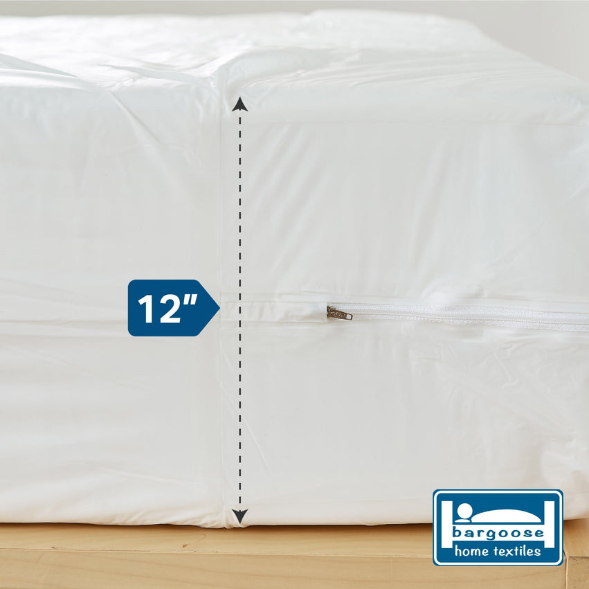 A white Bargoose 3 Gauge Vinyl Zippered Cover fits mattresses up to 12" deep. The image features the Bargoose logo, highlighting its bed bug proof and waterproof mattress protector design.