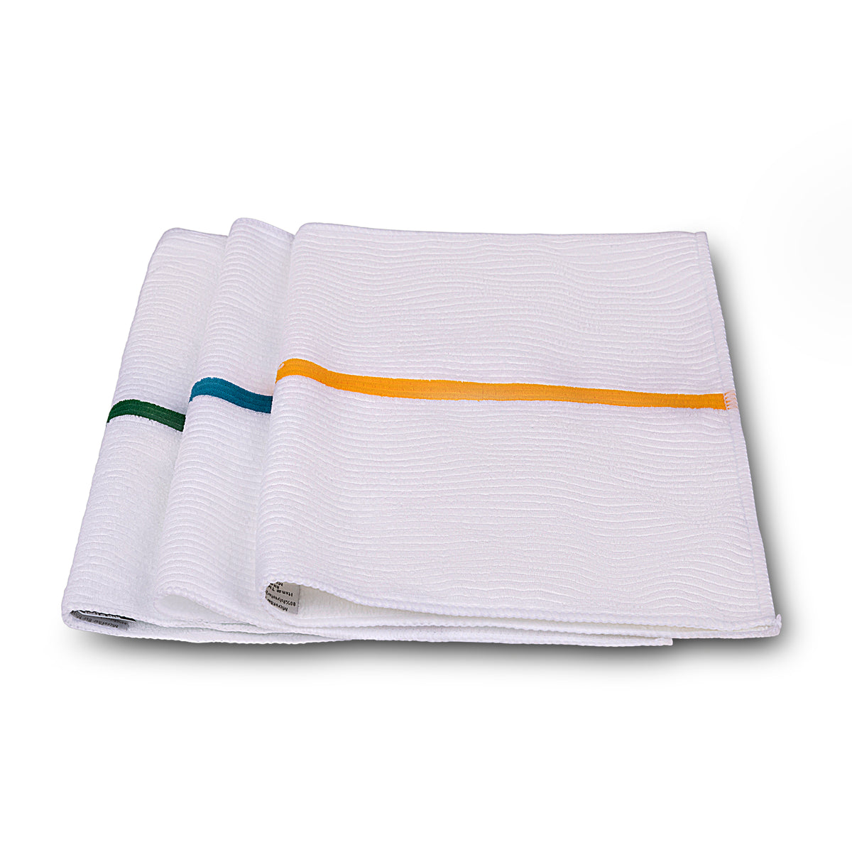 Three KSE Herringbone Kitchen Towels with textured patterns and colored stripes—green, blue, and yellow—are folded and arranged side by side on a white background.
