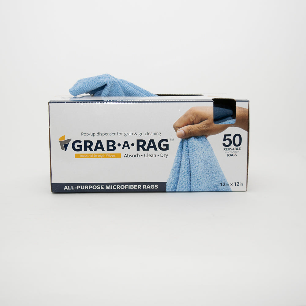 The Grab-A-Rag, General Purpose by Calderon Textiles dispenses blue 12x12" microfiber cloths. Each box contains 50 reusable, all-purpose rags—Absorb • Clean • Dry—for any task!.