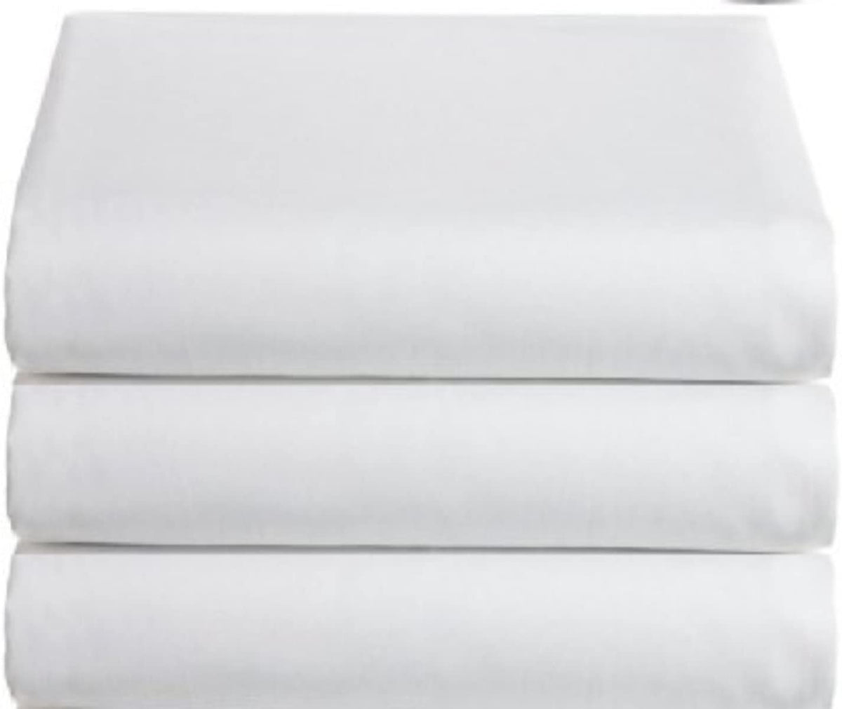 A stack of three KSE Flat Sheets - Premium T130 (Twin/Twin XL), made from a cotton polyester blend, are neatly folded and placed one atop another against a plain background.