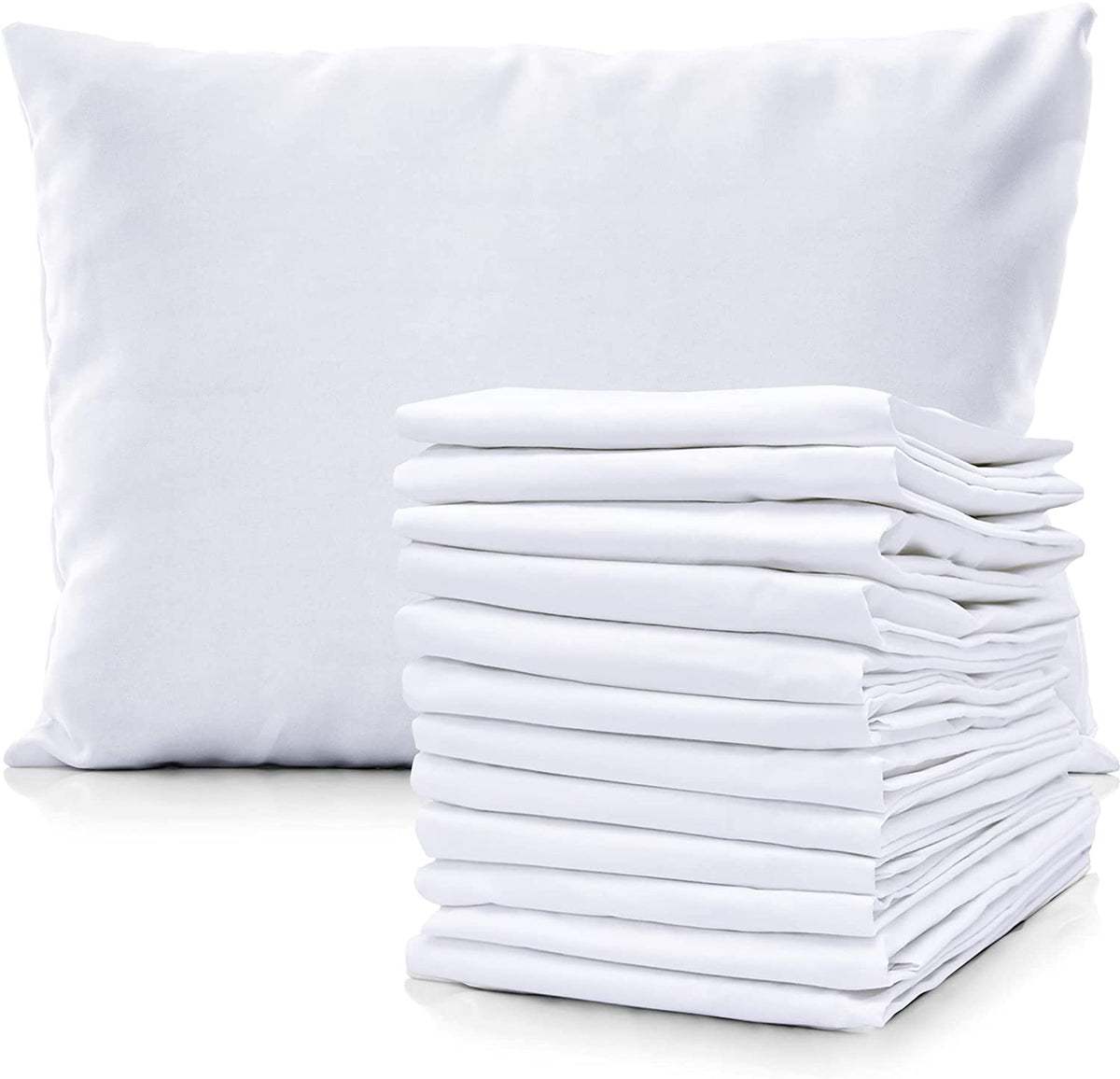 A KSE Pillowcase - Premium T130 (Standard) is displayed beside a stack of neatly folded white sheets against a plain white background, ideal for hospitality bedding needs.