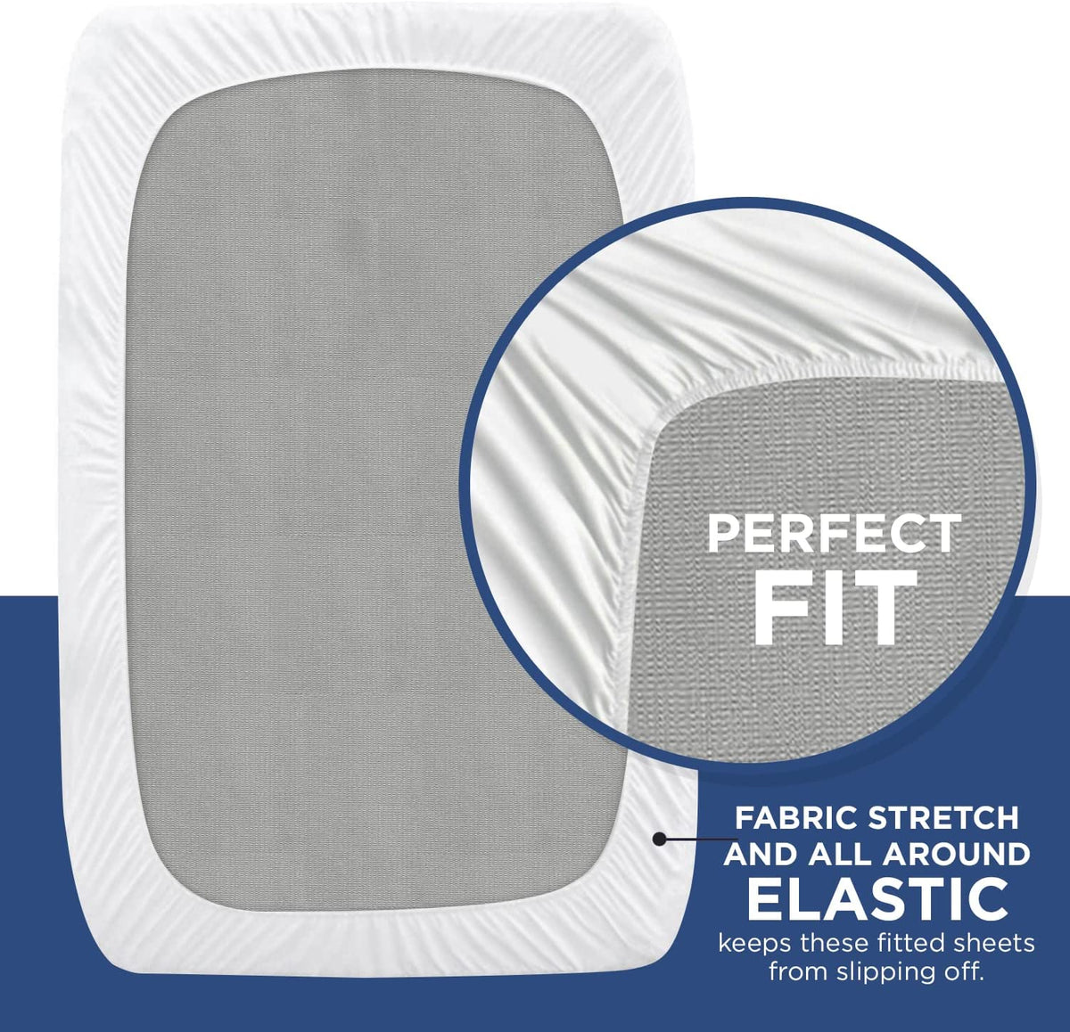 A KSE Fitted Sheet - Premium T130 (Twin/Bariatric) features white elastic edges for a perfect fit. A close-up highlights the fabric and stretch with the text "Perfect Fit & Fabric Stretch"—ideal for sheets that stay securely in place.