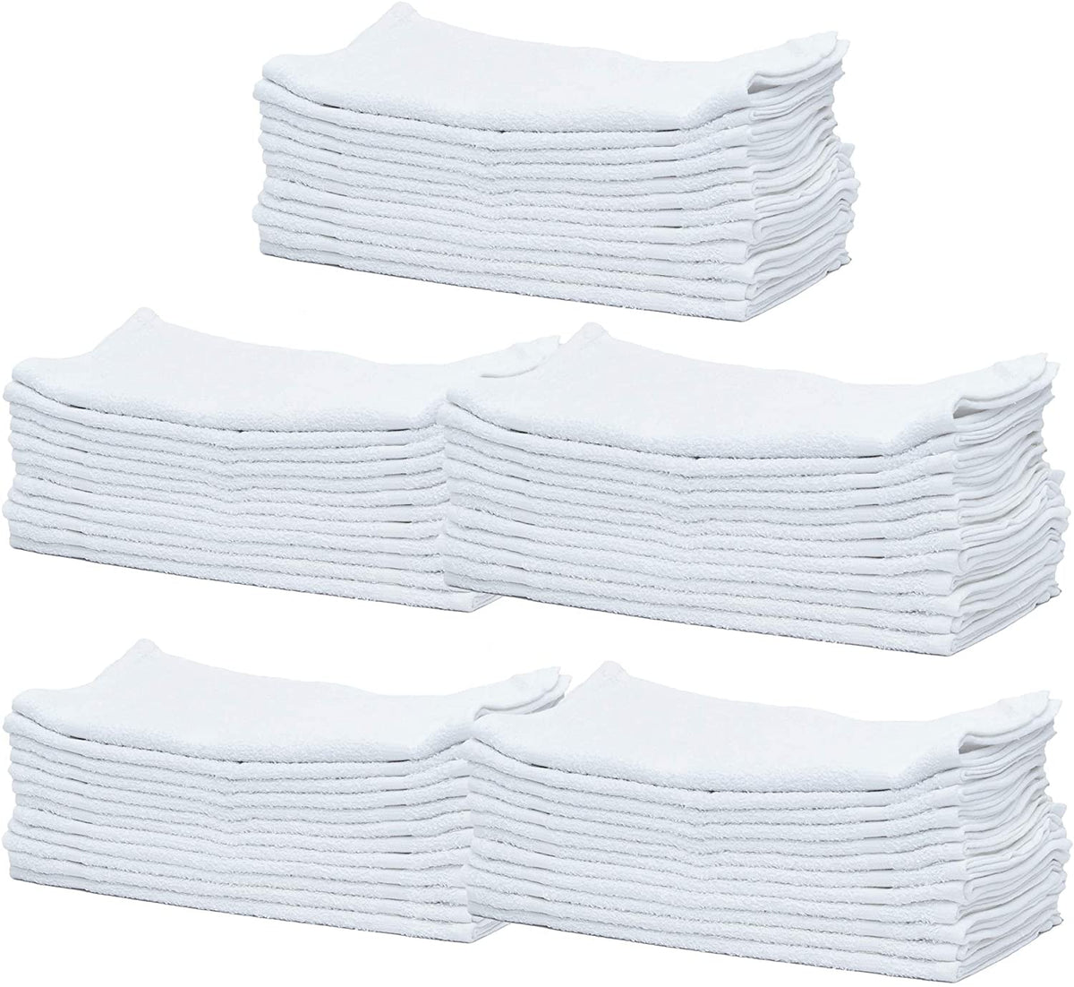 Five stacks of KSE Wash Cloth - Basic Economy 10 Single Towels are neatly folded and aligned on a plain white background. Each stack features uniformly sized, white cotton towels.