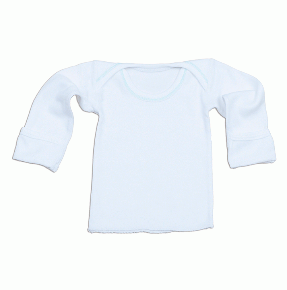 The KSE Slip-Over Baby Shirts - Short Sleeve is a plain white cotton shirt with folded cuffs, laid flat on a white background. Ideal for 3-month-old babies.