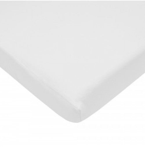 Close-up of KSE Crib Fitted Sheets - Economy T130 Solid White, showing smooth fabric and neatly tucked corners—these crib fitted sheets offer a sleek, polished look for your babys mattress.