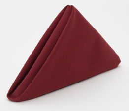 The Prisma Napkin from Calderon Textiles, dyed with Color Lock technology for lasting vibrancy, is shown in burgundy, folded into a crisp upright triangle and displayed against a white background.
