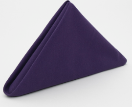 The Prisma Napkin by Calderon Textiles is a neatly folded, dark purple triangular napkin standing upright on a white surface, featuring Color Lock dyeing technology for enhanced durability.