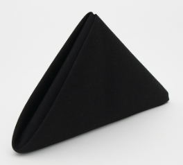 The Prisma Napkin by Calderon Textiles, in black and featuring Color Lock dyeing for lasting vibrancy, is neatly folded upright in a triangular shape against a plain white background.