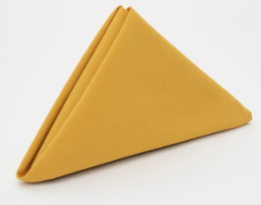 The Calderon Textiles Prisma Napkin is neatly folded upright in a triangle against a white background, highlighting its durable fabric and vibrant yellow shade achieved through Color Lock dyeing technology.