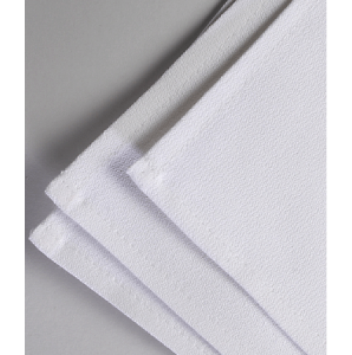 Close-up of three neatly stacked Intralin Momie Napkins, made from 100% cotton with textured fabric and stitched edges, displayed on a gray surface.