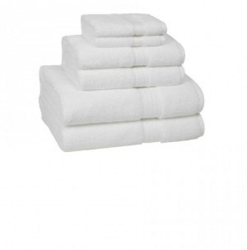 A set of four white KSE Freedom Collection hand towels, stacked by size from largest to smallest, displayed on a plain white background—ideal for those seeking bulk wholesale hand towels.
