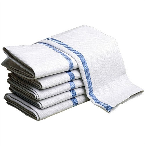 A stack of Intralin Kitchen Towel - Herringbone Kitchen Towels, white with blue edge stripes, is neatly folded and arranged on a plain white background.