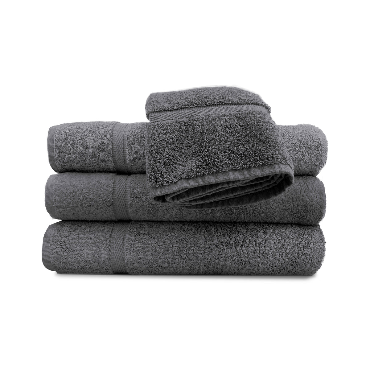 A neatly folded stack of three Ganesh Mills Oxford Imperiale dark gray bath sheets with a matching washcloth on top, all set against a white background.