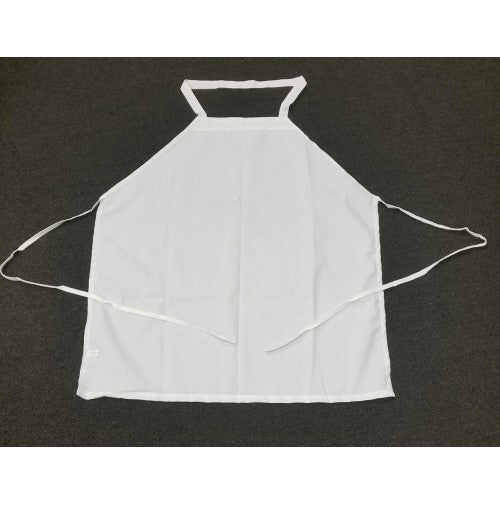 The Intralin Bib Apron-No Pocket, made from durable white polyester with neck and waist ties, is shown laid flat on a dark surface. Its rectangular shape and sturdy fabric make it perfect for economy or wholesale apron needs.