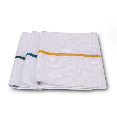 Three KSE Microfiber Bar Mops are folded side by side, each with a green, blue, or yellow stripe near the edge—ideal for janitorial cleaning—displayed against a white background.