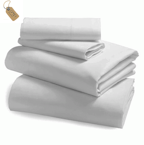 A neatly folded stack of KSE Flat Sheets - Royal MicroLux Solid White with a small red sale tag in the top left corner.