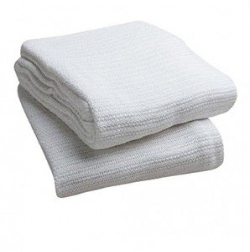 Two KSE Open Weave Thermal Blankets (55% cotton, 45% poly) are neatly folded and stacked against a plain white background, highlighting their trusted thermal qualities.