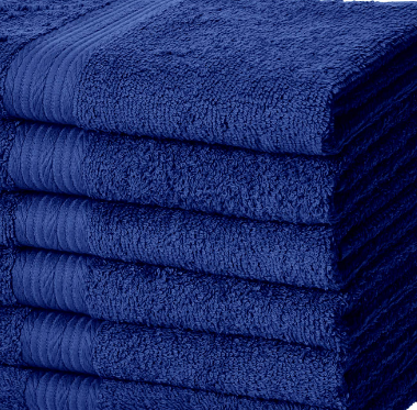 A neatly stacked pile of ten dark blue KSE Wash Cloths, each single color with a textured stripe by the edges, displayed against a plain background.