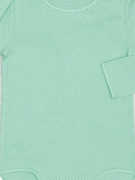 The KSE Slip-Over Baby Shirt in light green features long sleeves, mitten cuffs, and perforated fabric. Shown laid flat with one sleeve partially folded, its ideal for those seeking cozy, easy-on baby shirts.