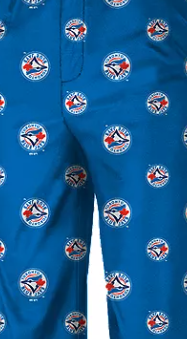 KSE Knitted Pediatric PJ Pants - Everlast feature a bright blue background with repeating Toronto Blue Jays logos and are made from flame retardant fabric for added safety.