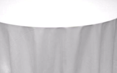 A round table draped in the Ganesh Mills Tablecloth - Oxford Blend Satin Band Table Linen, featuring smooth white fabric that falls evenly around the edges for an elegant look.