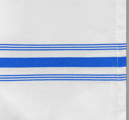 Ganesh Mills Bistro Napkins - White w/ Color Stripes feature one thick and two thin blue stripes near the edge, plus visible stitching and border on the right side; ideal as quality wholesale napkins.