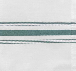 The Prisma Napkin, Inverse Stripe by Calderon Textiles is a durable, colorfast white napkin featuring three horizontal green stripes—one thick center stripe flanked by two thinner ones near the edge.